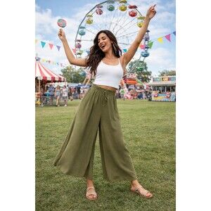 Dokotoo Palazzo Pants Womens XL Olive Green Paperbag Waist Wide Leg Festival